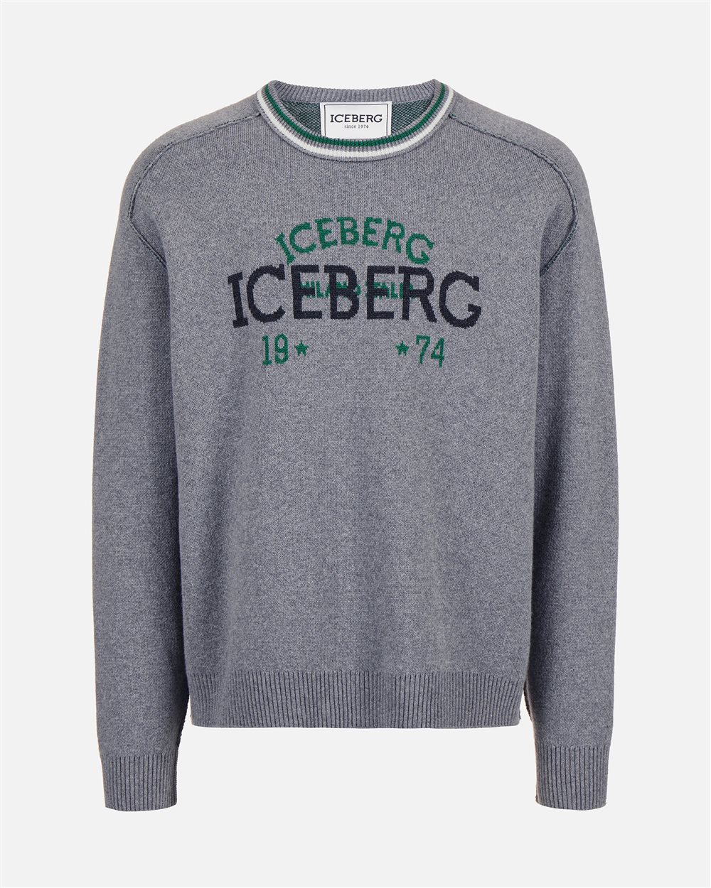 Crewneck sweater new regular fit in light grey extrafine merino wool - Iceberg - Official Website