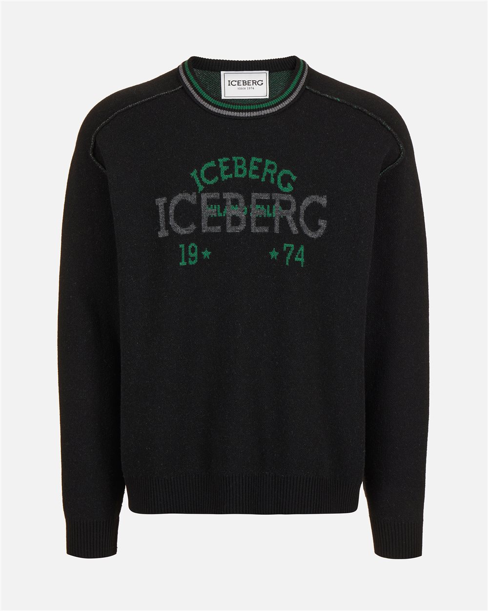 New regular fit crew neck sweater in black extra-fine merino - Iceberg - Official Website