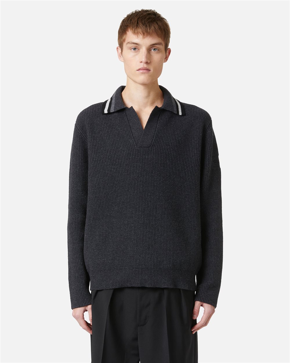 Grey melange wool and nylon polo with striped collar - Iceberg - Official Website