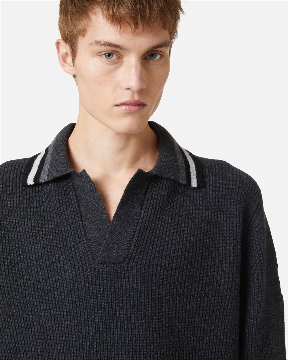 Grey melange wool and nylon polo with striped collar - Iceberg - Official Website