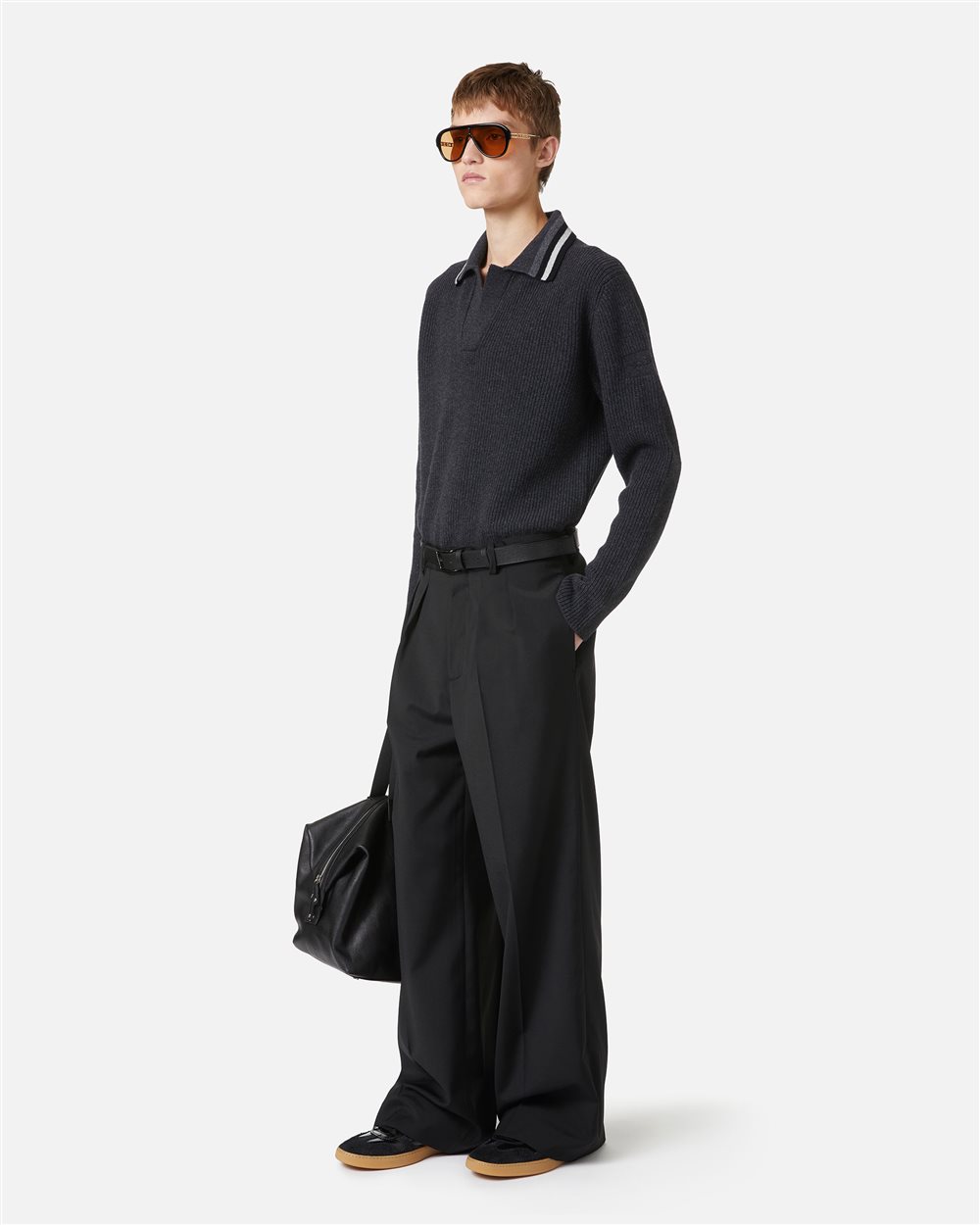 Grey melange wool and nylon polo with striped collar - Iceberg - Official Website