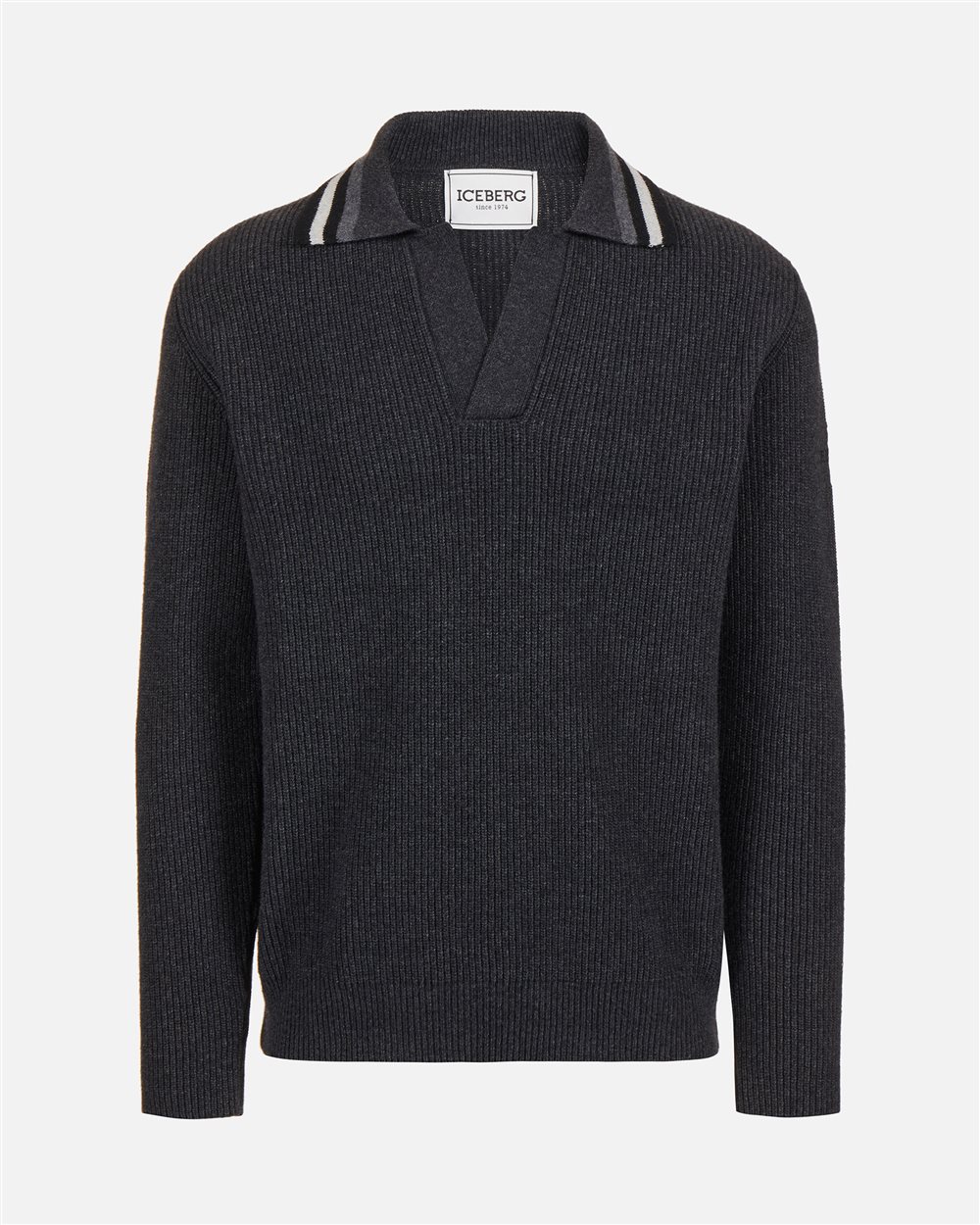 Grey melange wool and nylon polo with striped collar - Iceberg - Official Website