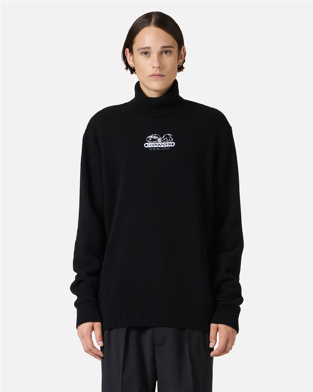 Black turtleneck sweater with cartoon embroidery and mixed stitch work - Iceberg - Official Website