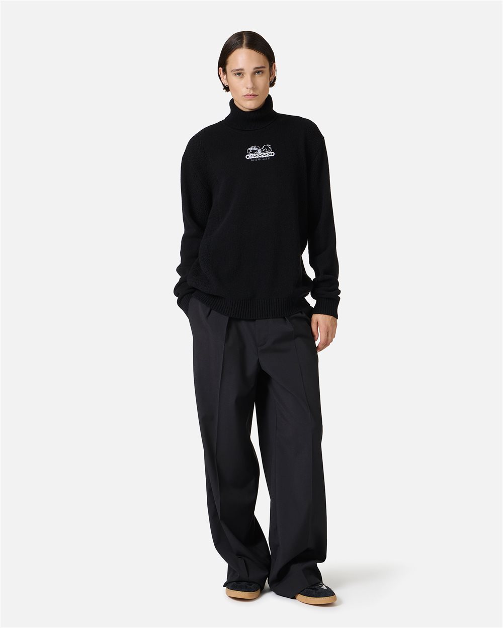 Black turtleneck sweater with cartoon embroidery and mixed stitch work - Iceberg - Official Website
