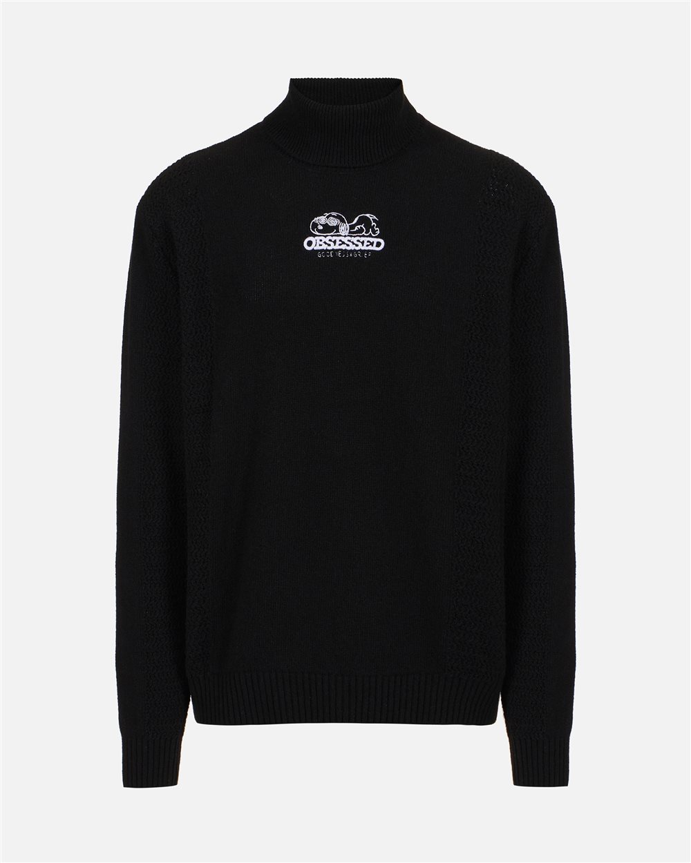 Black turtleneck sweater with cartoon embroidery and mixed stitch work - Iceberg - Official Website