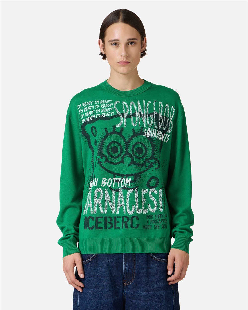 Lettuce green crewneck sweater in extrafine merino wool with cartoon inlay - Iceberg - Official Website