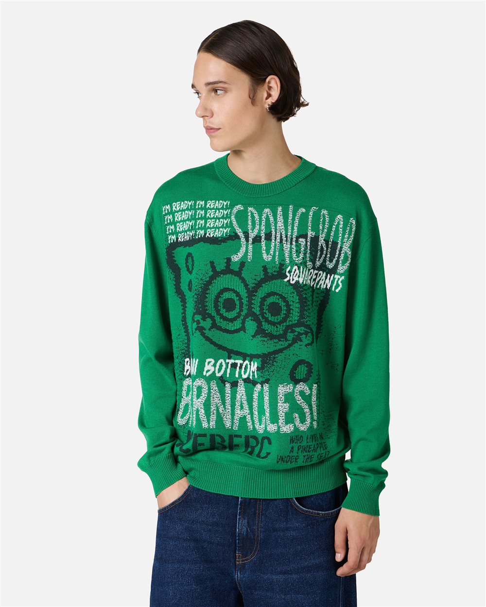 Lettuce green crewneck sweater in extrafine merino wool with cartoon inlay - Iceberg - Official Website