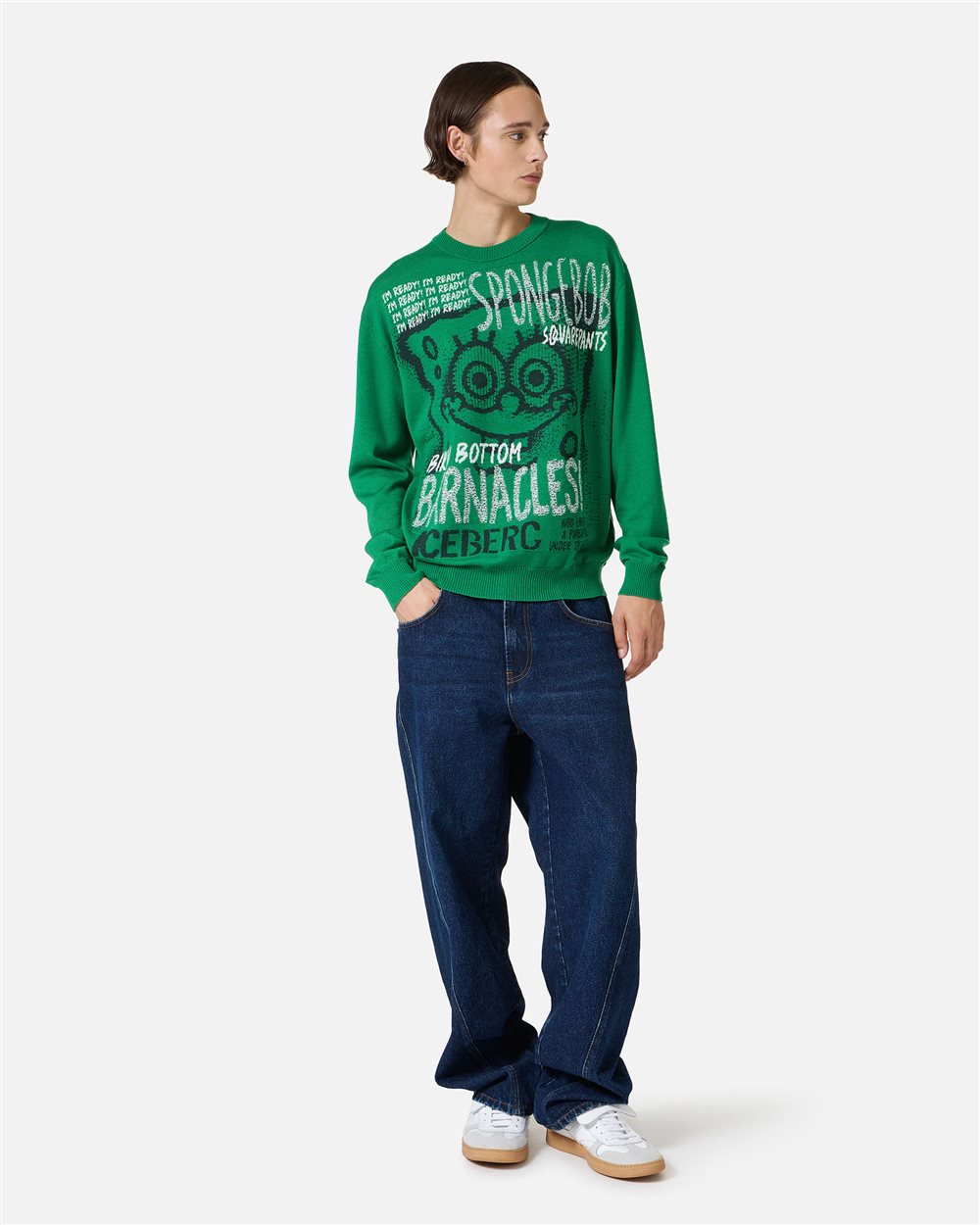 Lettuce green crewneck sweater in extrafine merino wool with cartoon inlay - Iceberg - Official Website
