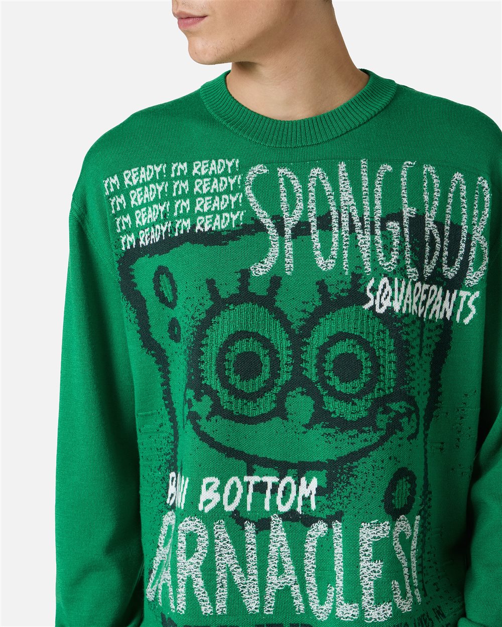 Lettuce green crewneck sweater in extrafine merino wool with cartoon inlay - Iceberg - Official Website