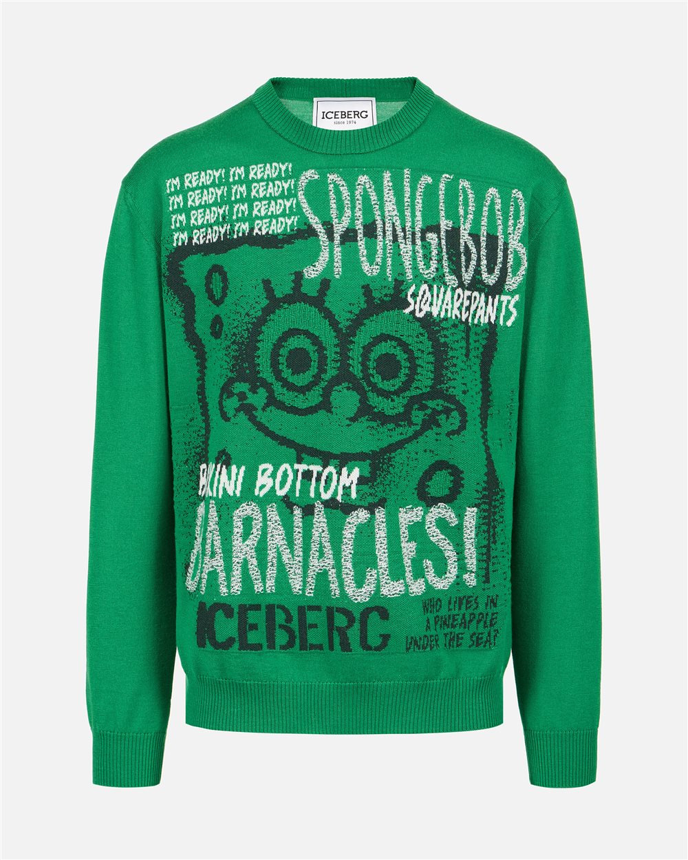 Lettuce green crewneck sweater in extrafine merino wool with cartoon inlay - Iceberg - Official Website