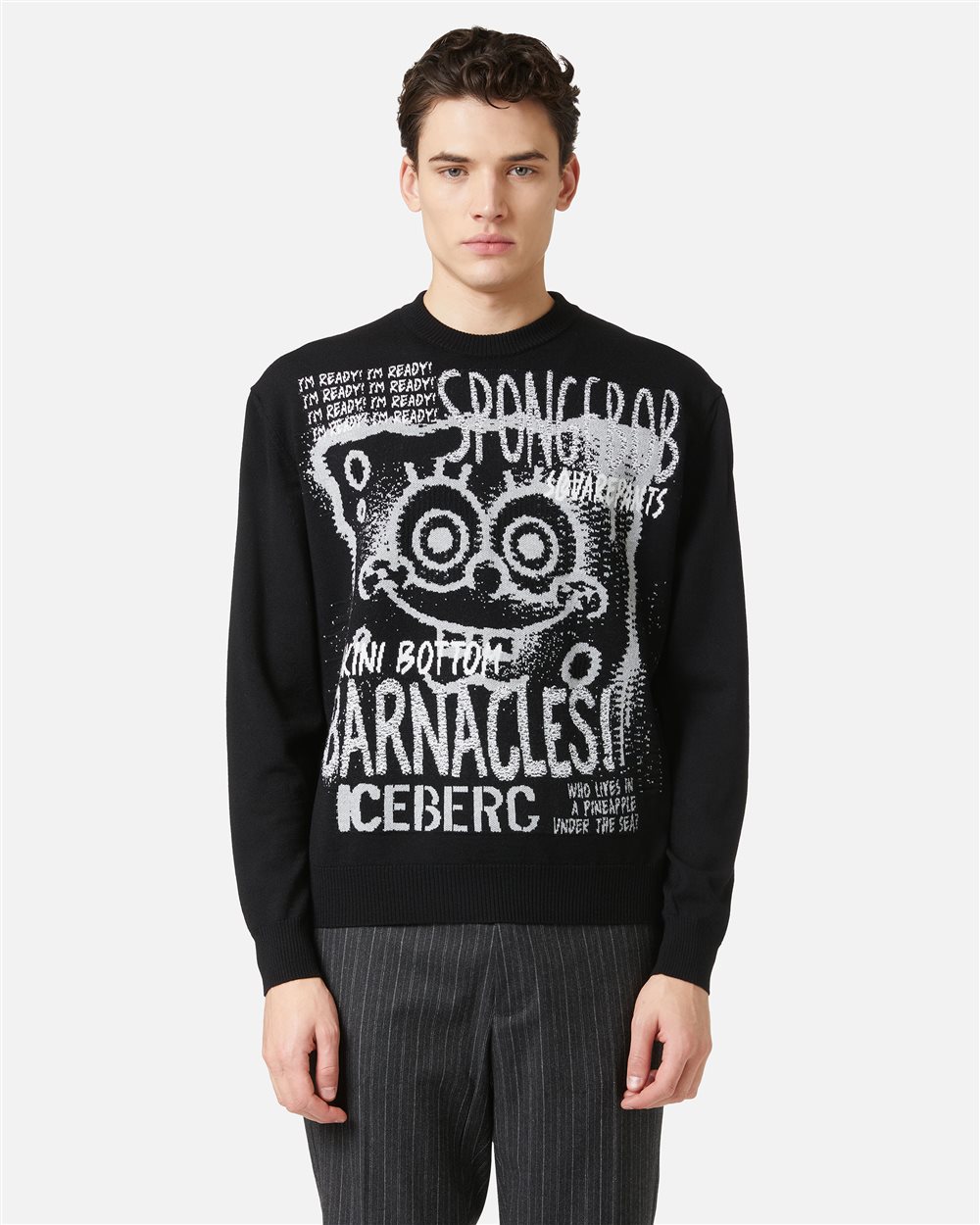 Maglia girocollo nera in extrafine merino wool con intarsio cartoon - Iceberg - Official Website