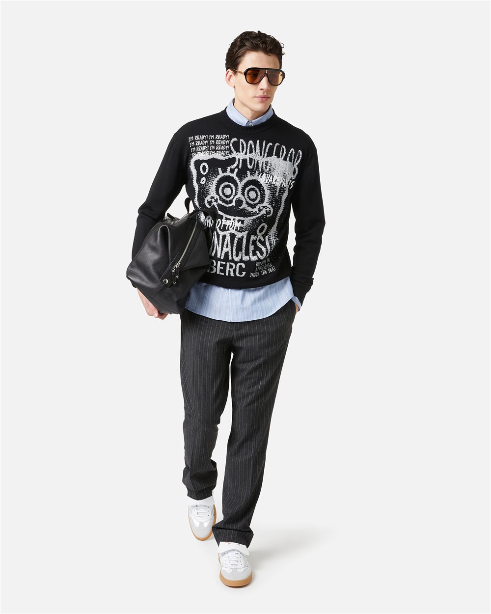 Maglia girocollo nera in extrafine merino wool con intarsio cartoon - Iceberg - Official Website
