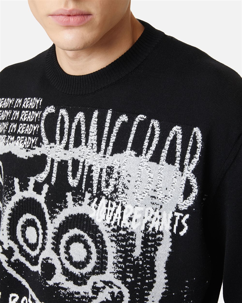 Maglia girocollo nera in extrafine merino wool con intarsio cartoon - Iceberg - Official Website