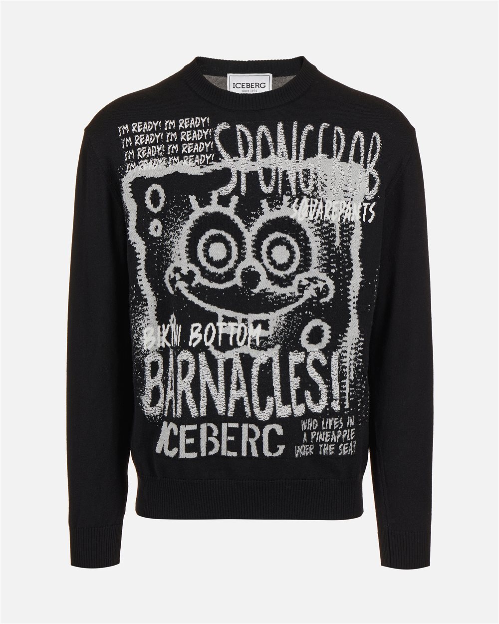Maglia girocollo nera in extrafine merino wool con intarsio cartoon - Iceberg - Official Website