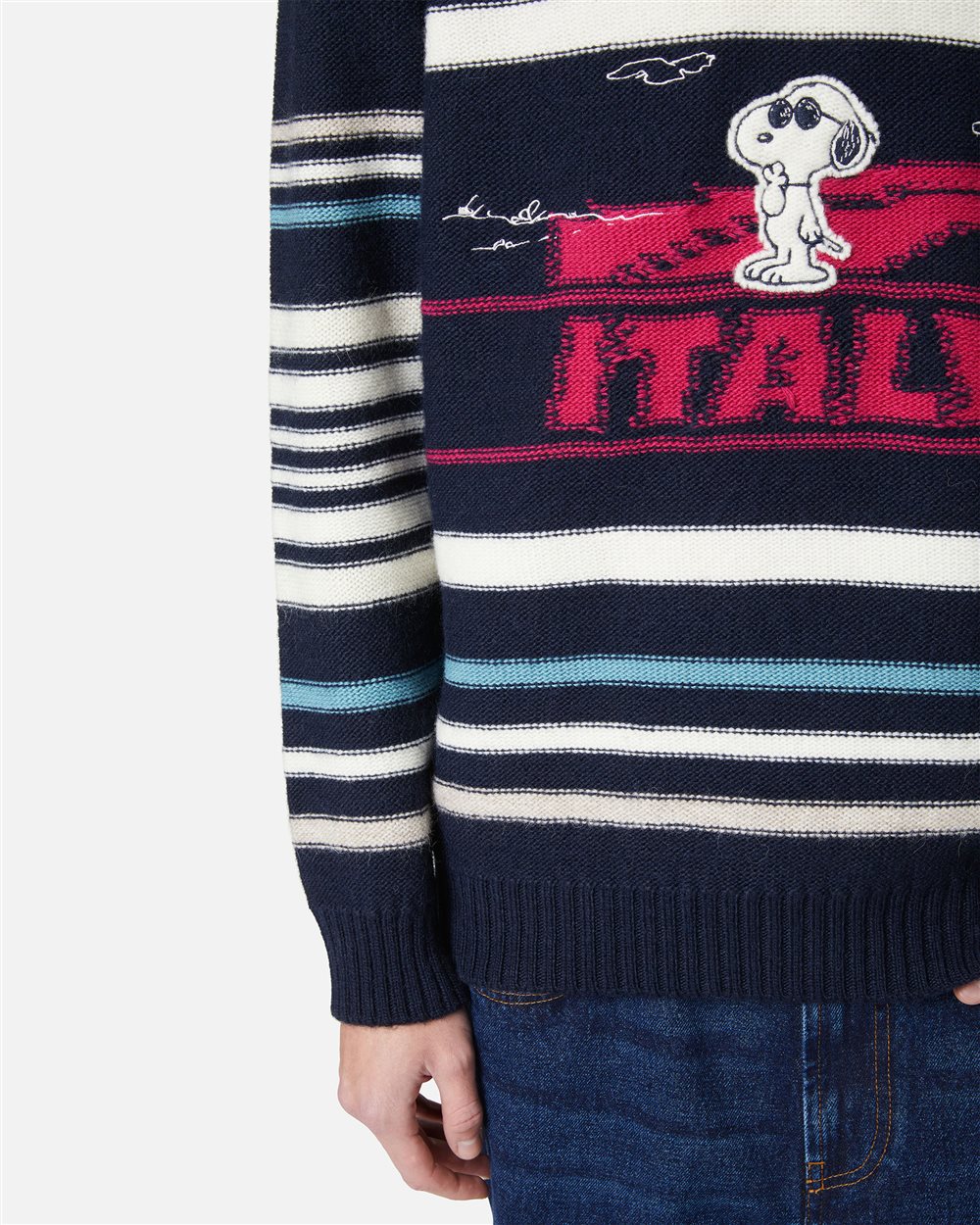 Dark blue crewneck sweater with stripes and inlaid Snoopy - Iceberg - Official Website