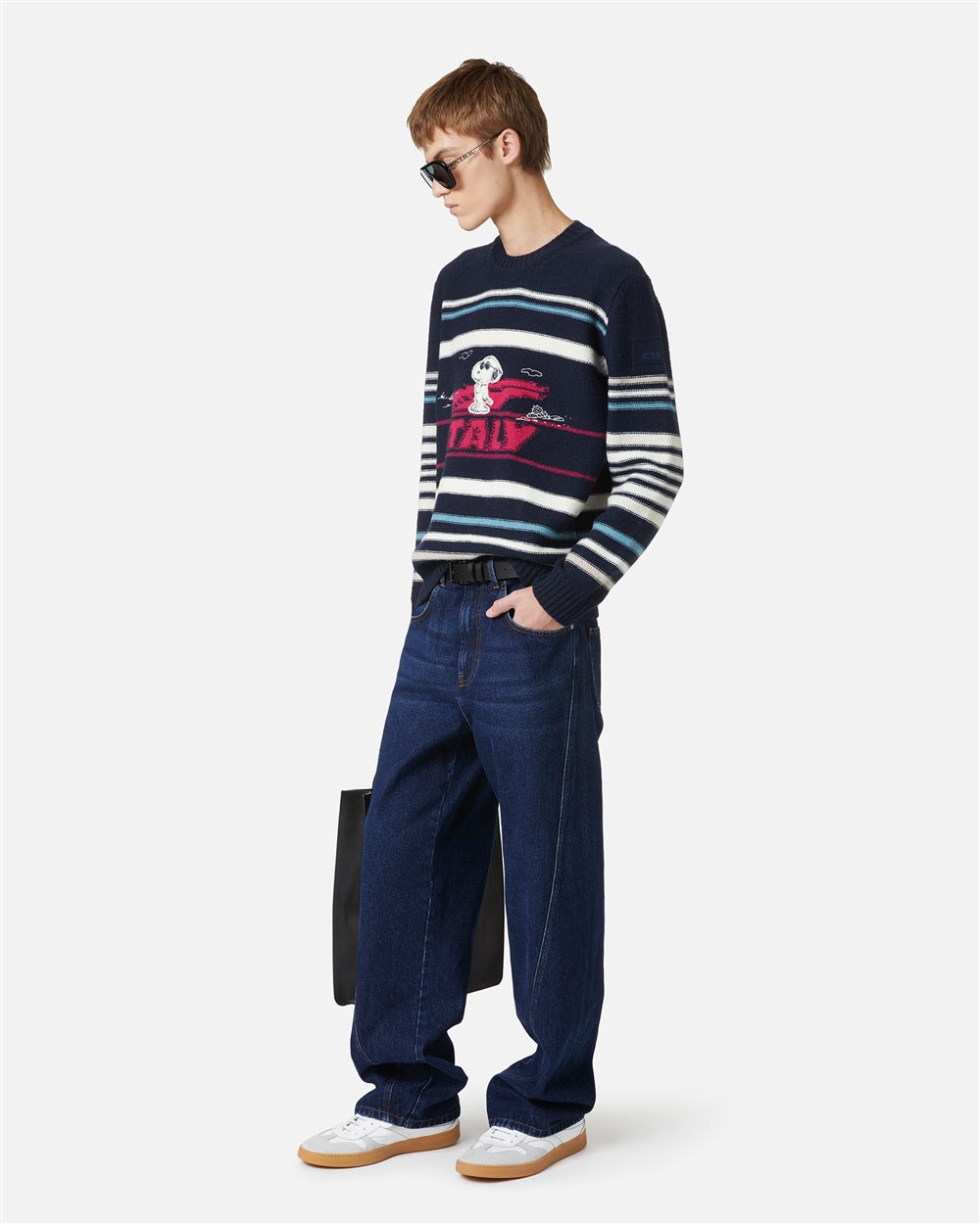 Dark blue crewneck sweater with stripes and inlaid Snoopy - Iceberg - Official Website
