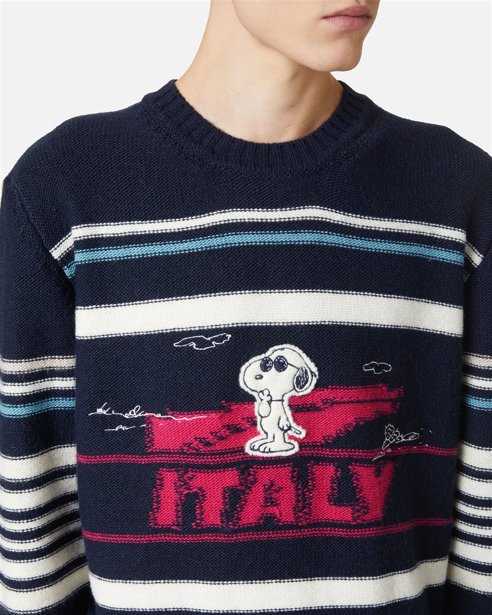 Dark blue crewneck sweater with stripes and inlaid Snoopy - Iceberg - Official Website