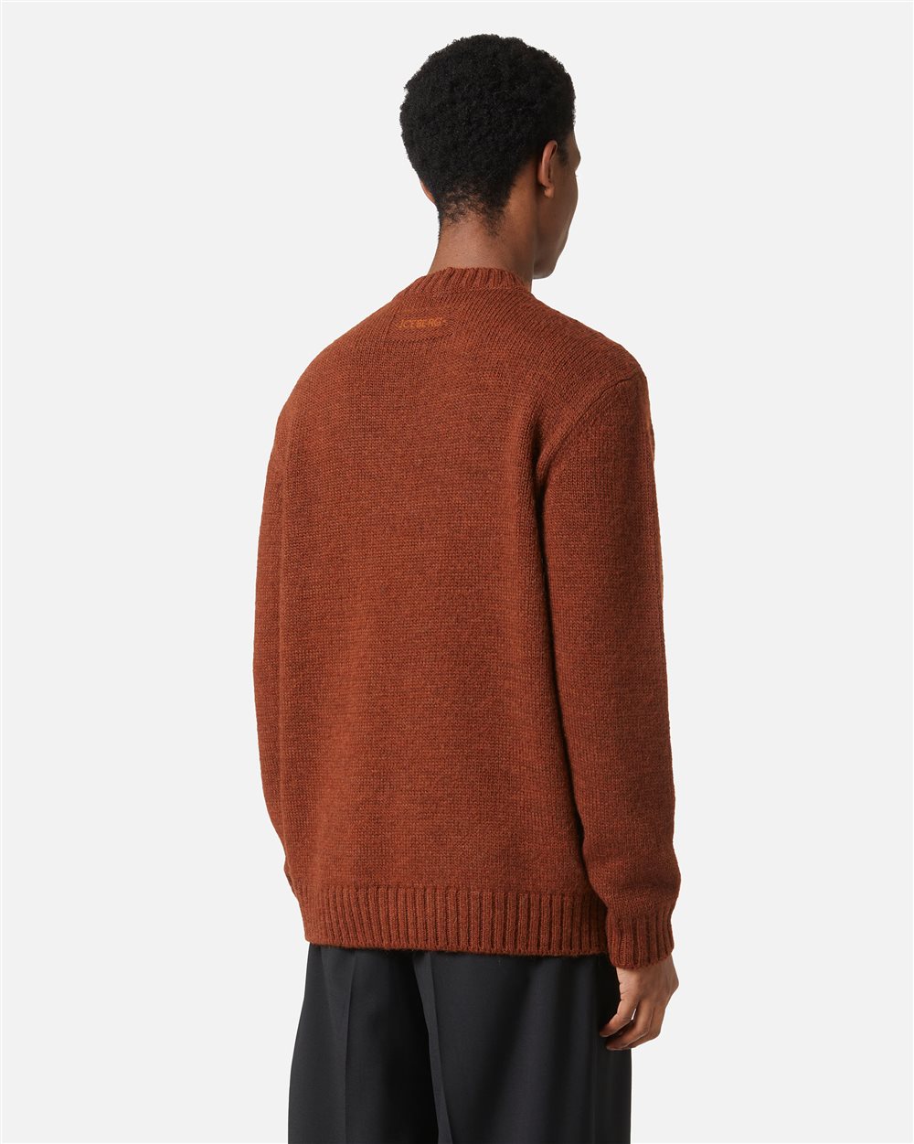Burnt brown melange wool and alpaca crewneck sweater with embroidered details - Iceberg - Official Website