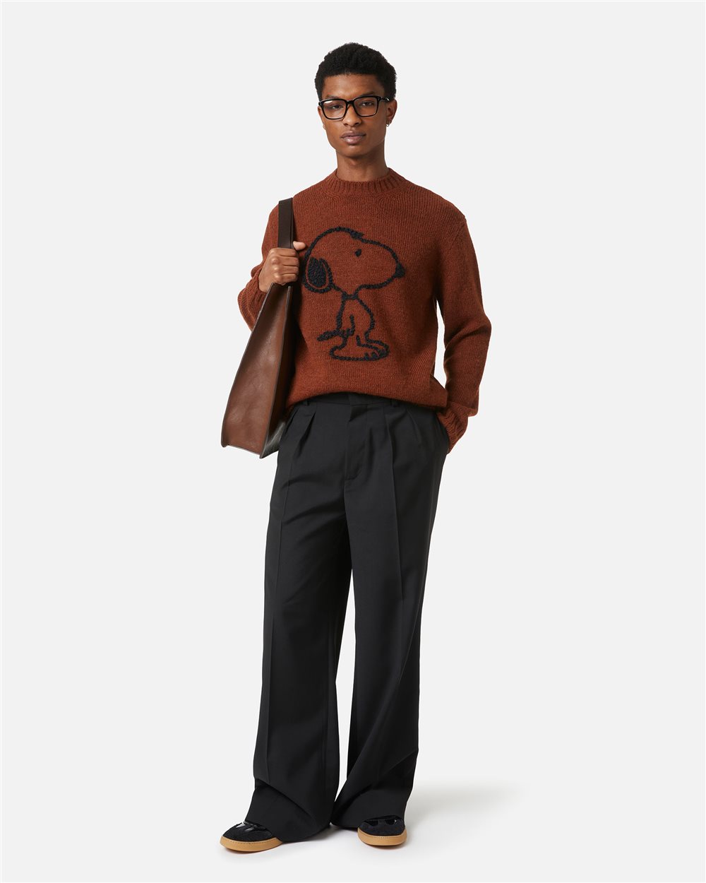 Burnt brown melange wool and alpaca crewneck sweater with embroidered details - Iceberg - Official Website