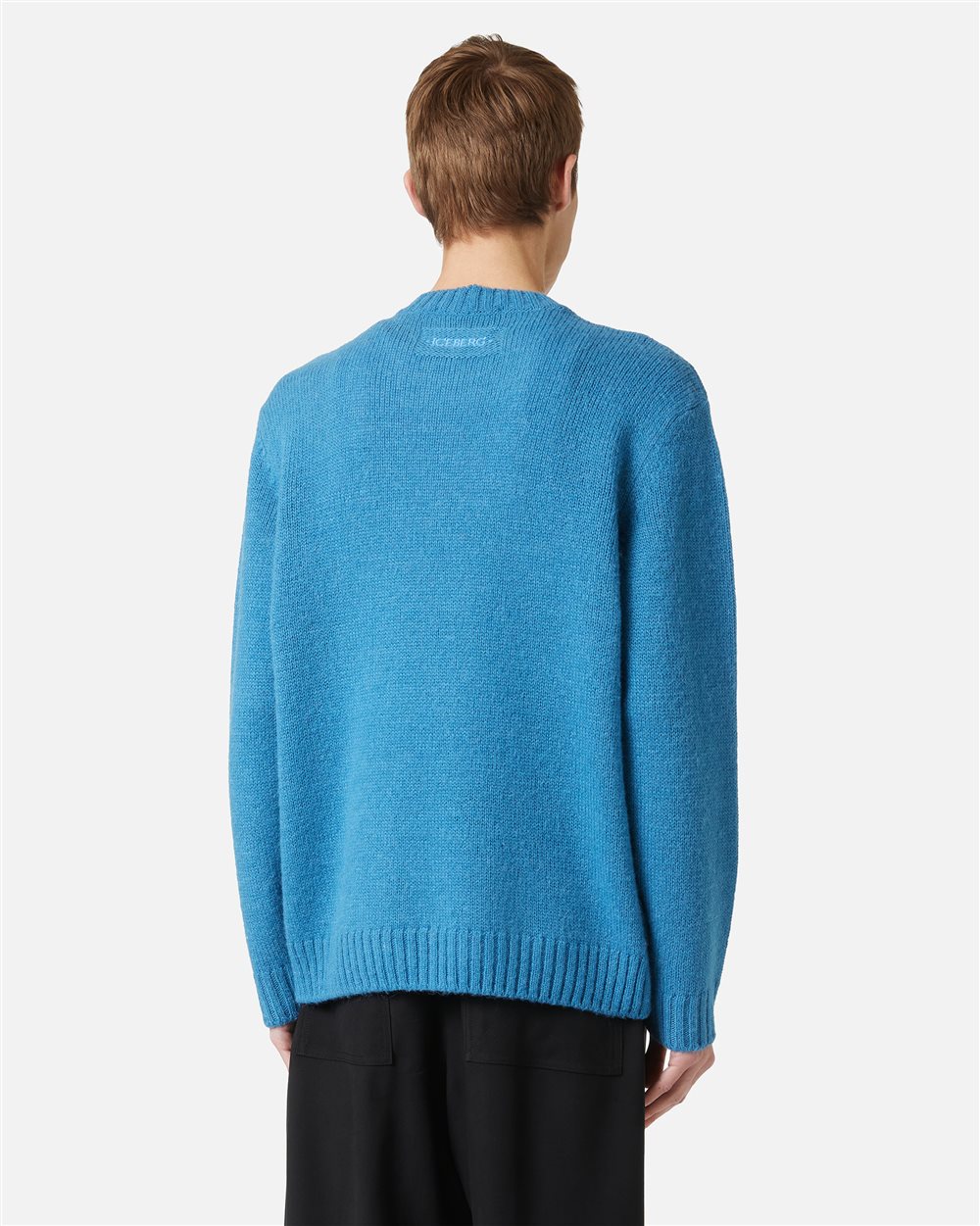 Crewneck sweater in dark blue wool and alpaca with embroidered details - Iceberg - Official Website