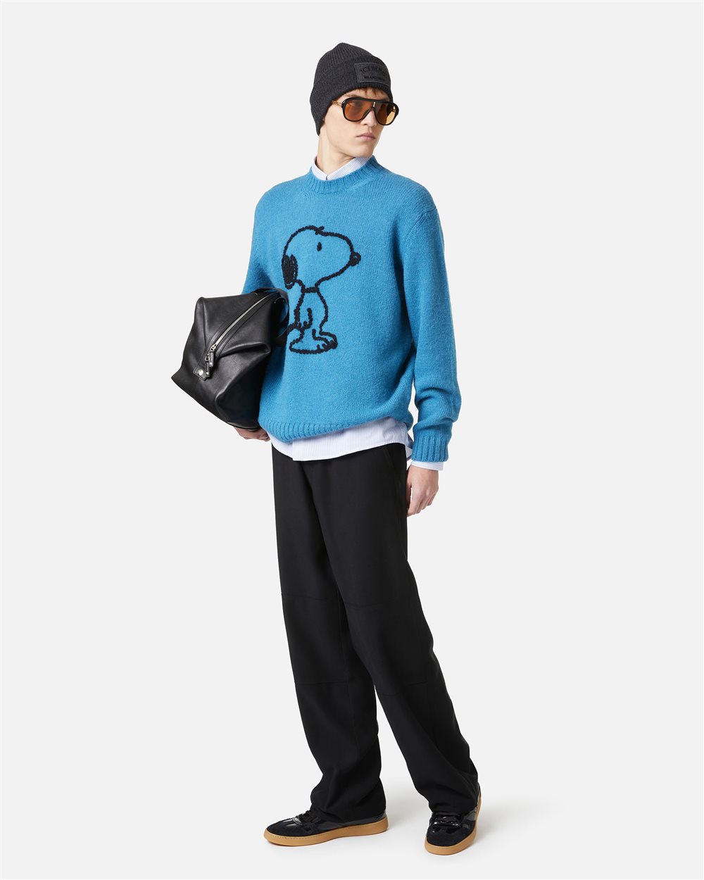 Crewneck sweater in dark blue wool and alpaca with embroidered details - Iceberg - Official Website