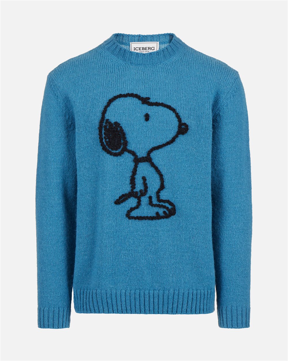 Crewneck sweater in dark blue wool and alpaca with embroidered details - Iceberg - Official Website