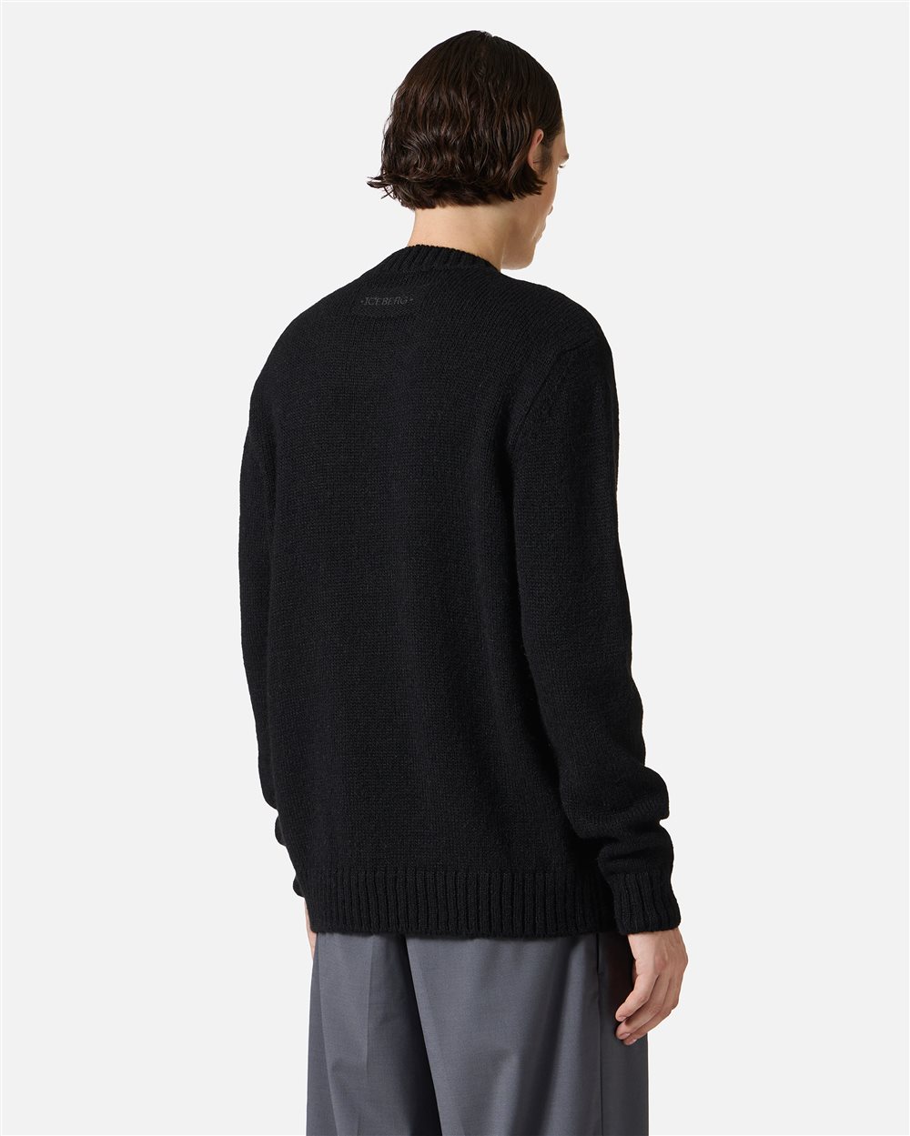 Black wool and alpaca crewneck sweater with embroidered details - Iceberg - Official Website