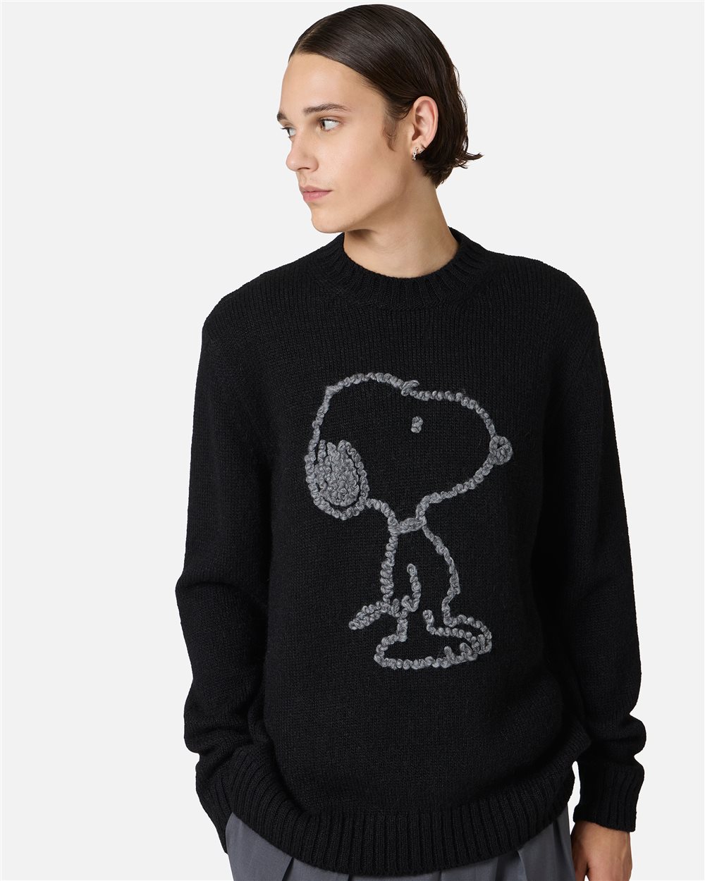 Black wool and alpaca crewneck sweater with embroidered details - Iceberg - Official Website