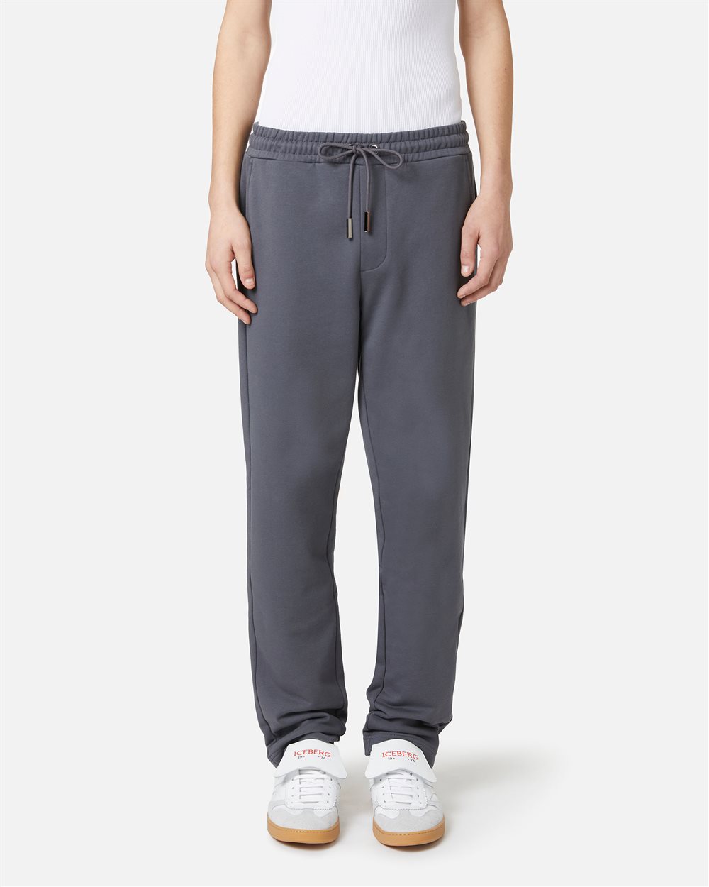 Straight leg fit trousers in dark grey cotton fleece with "Dont Overthink This" print - Iceberg - Official Website