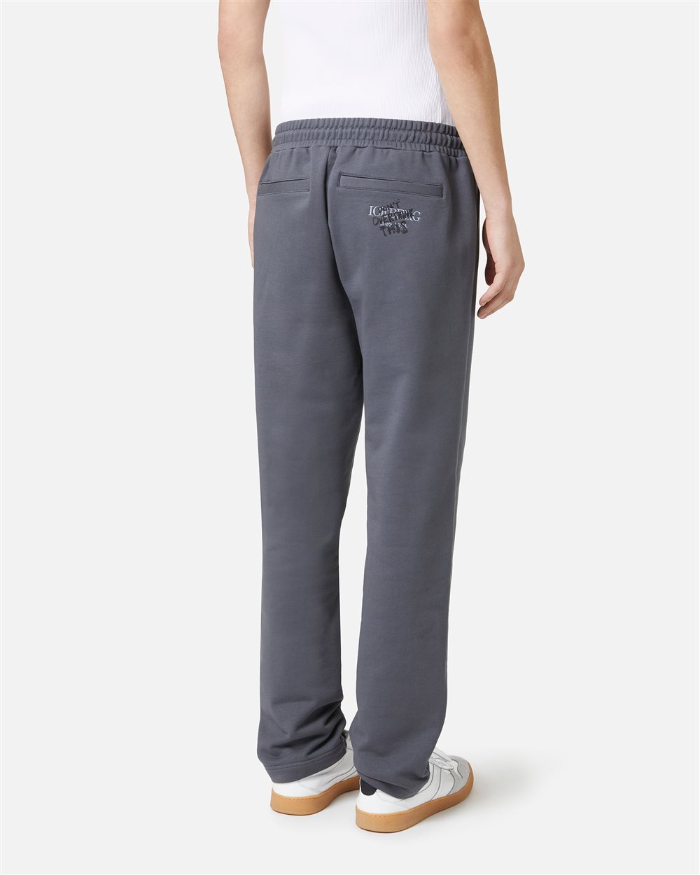 Straight leg fit trousers in dark grey cotton fleece with "Dont Overthink This" print - Iceberg - Official Website
