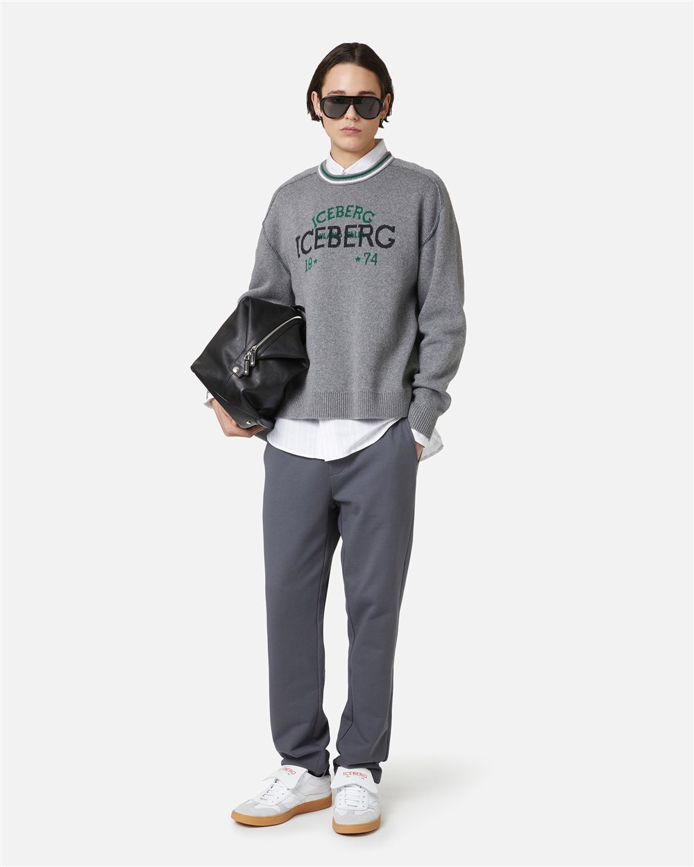 Straight leg fit trousers in dark grey cotton fleece with "Dont Overthink This" print - Iceberg - Official Website