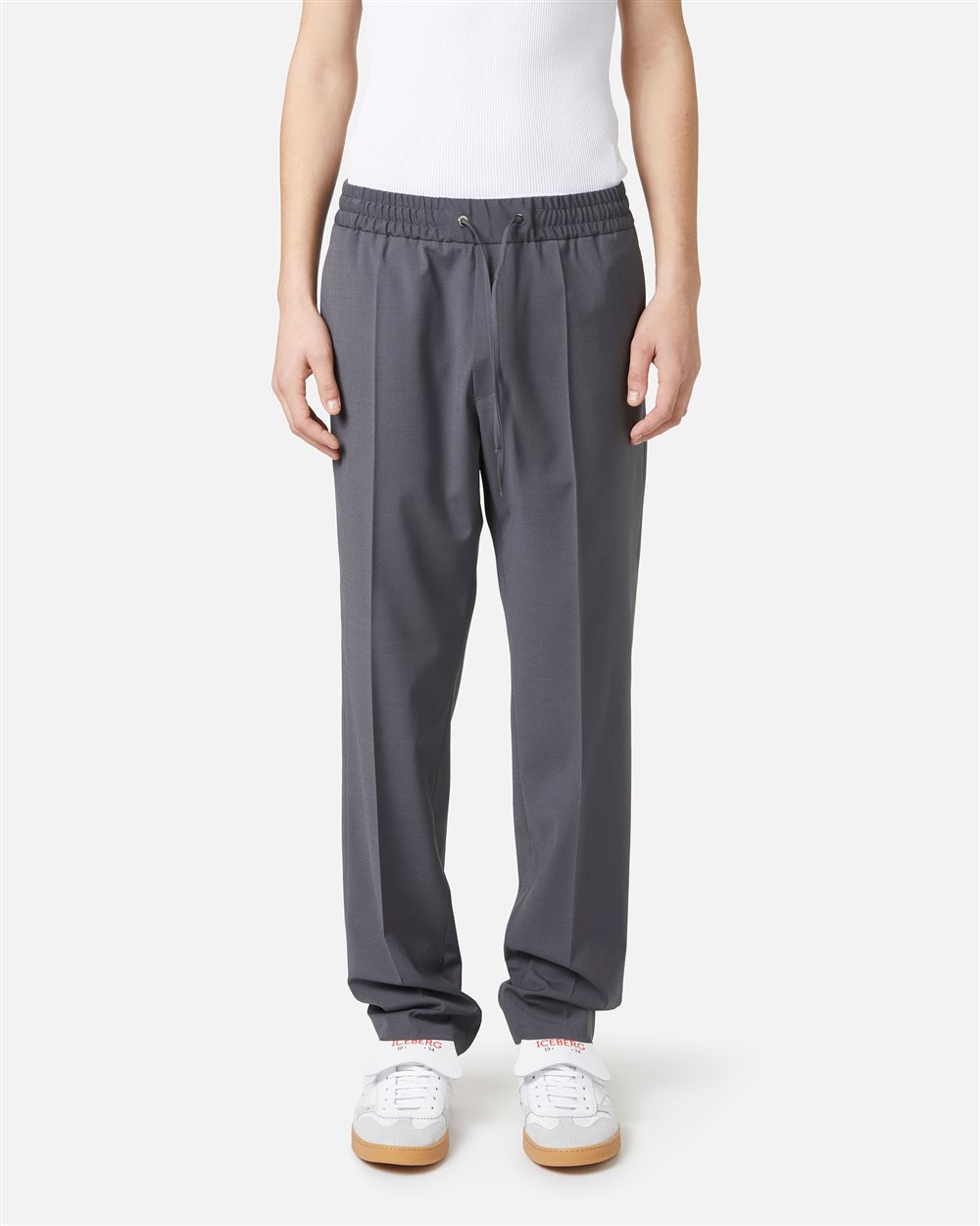 Dark grey cool wool fabric trousers with elastic waist - Iceberg - Official Website