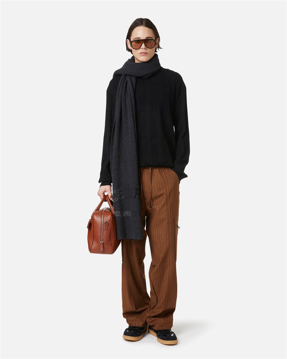 Cargo fit trousers with pinstripe, hazelnut background and grey stripe - Iceberg - Official Website