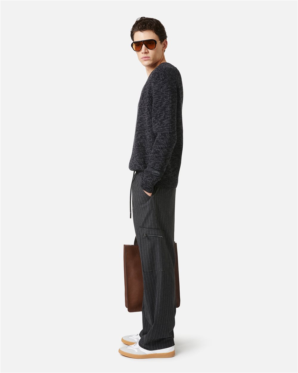 Light grey and navy grey pinstriped cargo fit trousers - Iceberg - Official Website