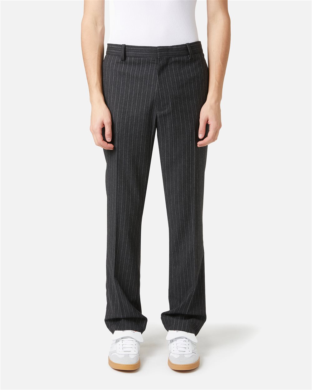 Regular-waisted trousers in cool wool fabric with dark and light grey pinstripe - Iceberg - Official Website