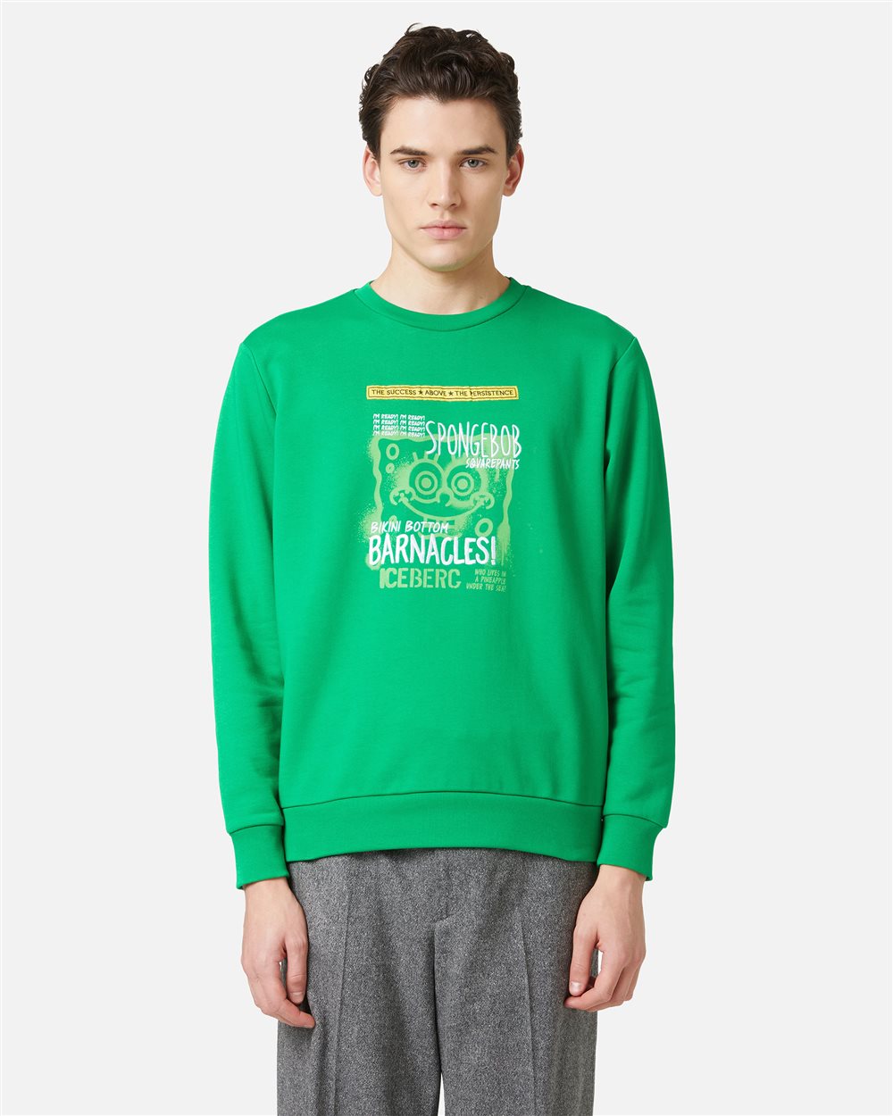 Slim fit crewneck sweatshirt in lettuce green with SpongeBob prints and embroidery - Iceberg - Official Website