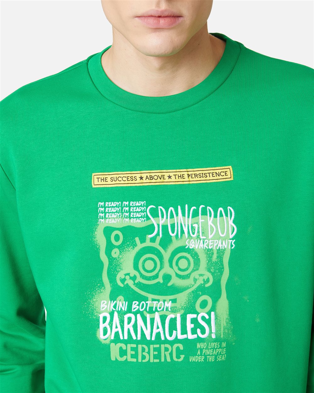 Slim fit crewneck sweatshirt in lettuce green with SpongeBob prints and embroidery - Iceberg - Official Website
