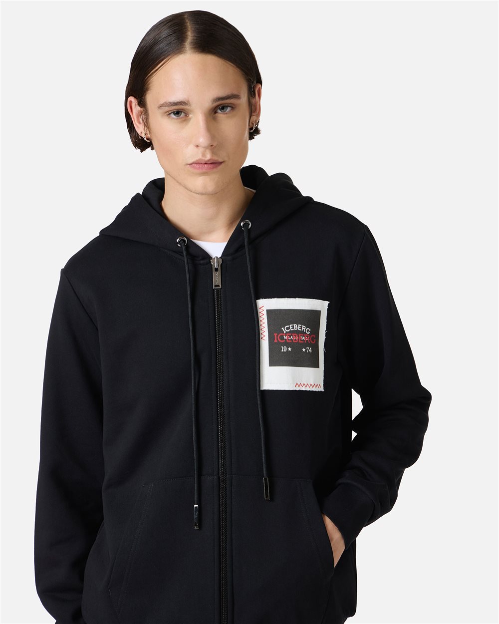 Black hoodie with Milano Polaroid print and logo embroidery - Iceberg - Official Website
