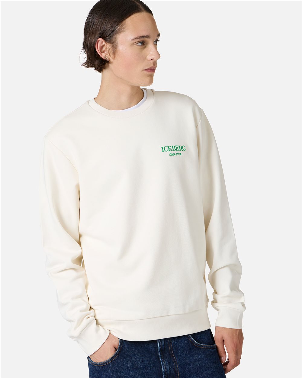Regular fit vanilla crewneck sweatshirt with embroidered institutional Iceberg logo - Iceberg - Official Website