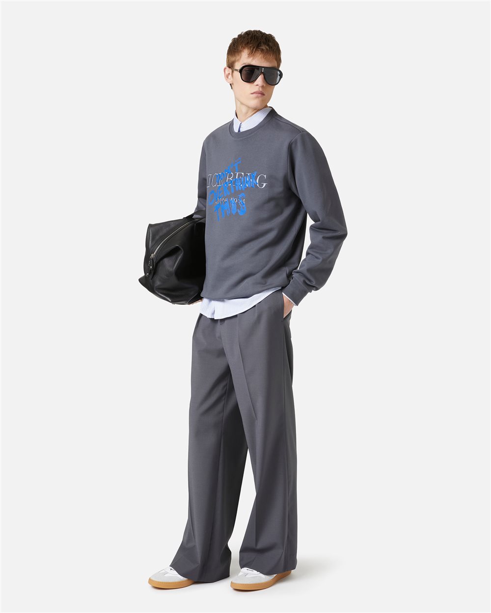 Regular fit crewneck sweatshirt in dark grey with embroidered institutional Iceberg logo - Iceberg - Official Website