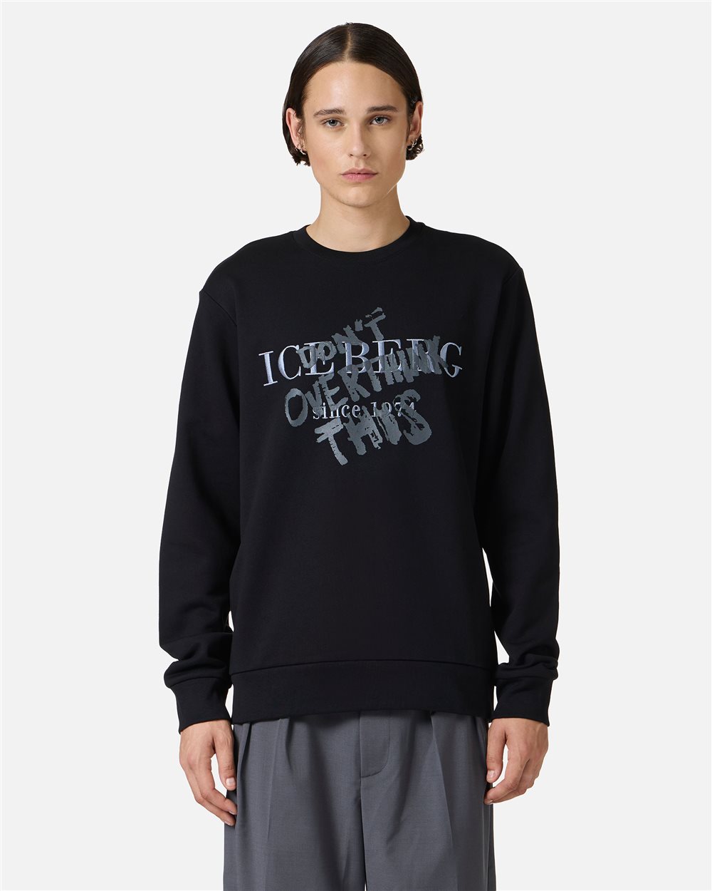 Regular fit black crewneck sweatshirt with embroidered institutional Iceberg logo - Iceberg - Official Website