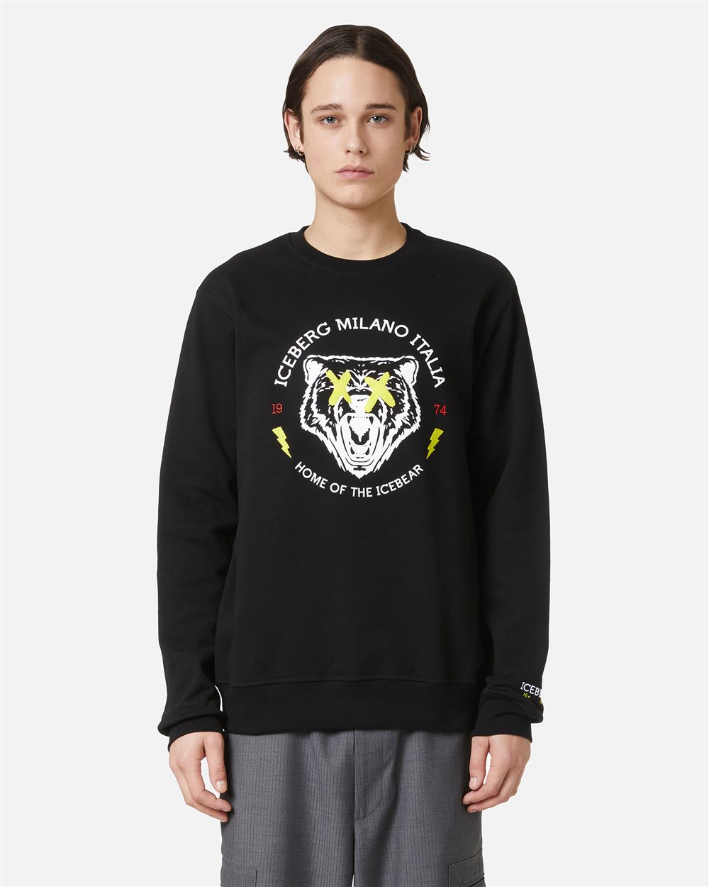 Regular fit crewneck sweatshirt in black cotton with bear print - Iceberg - Official Website