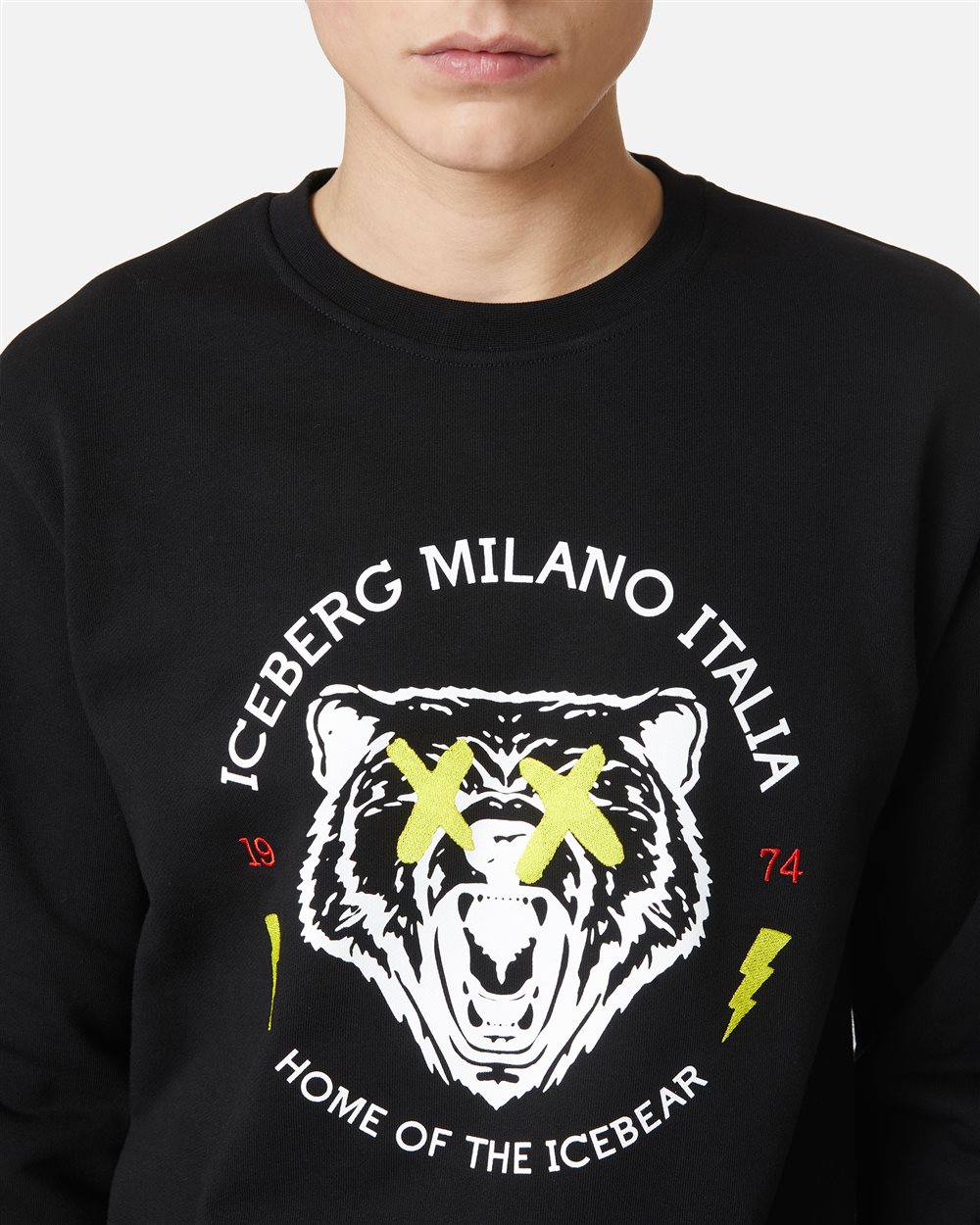 Regular fit crewneck sweatshirt in black cotton with bear print - Iceberg - Official Website