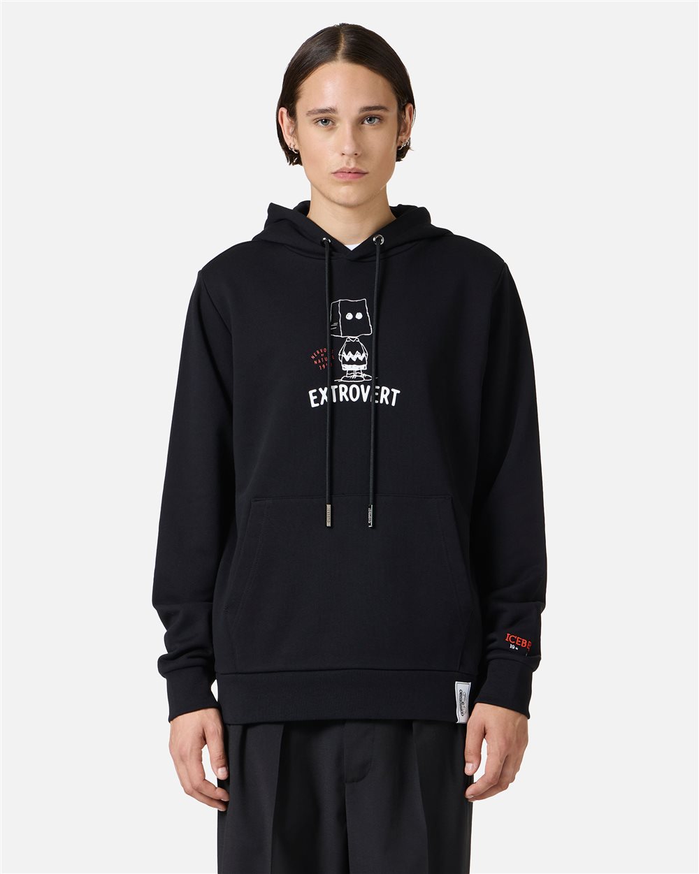 Regular fit black hoodie with print and embroidery in collaboration with Peanuts - Iceberg - Official Website