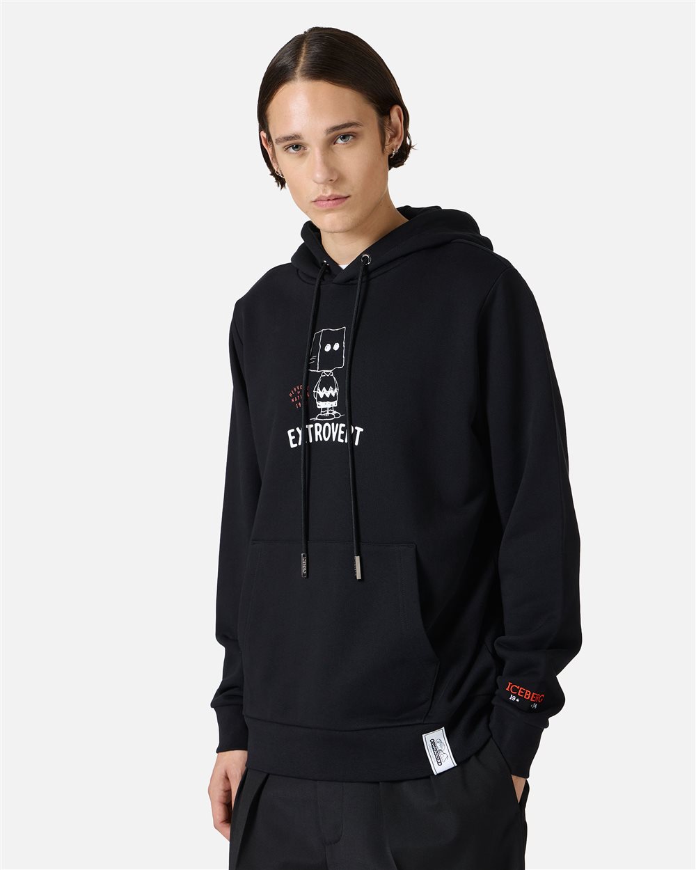 Regular fit black hoodie with print and embroidery in collaboration with Peanuts - Iceberg - Official Website
