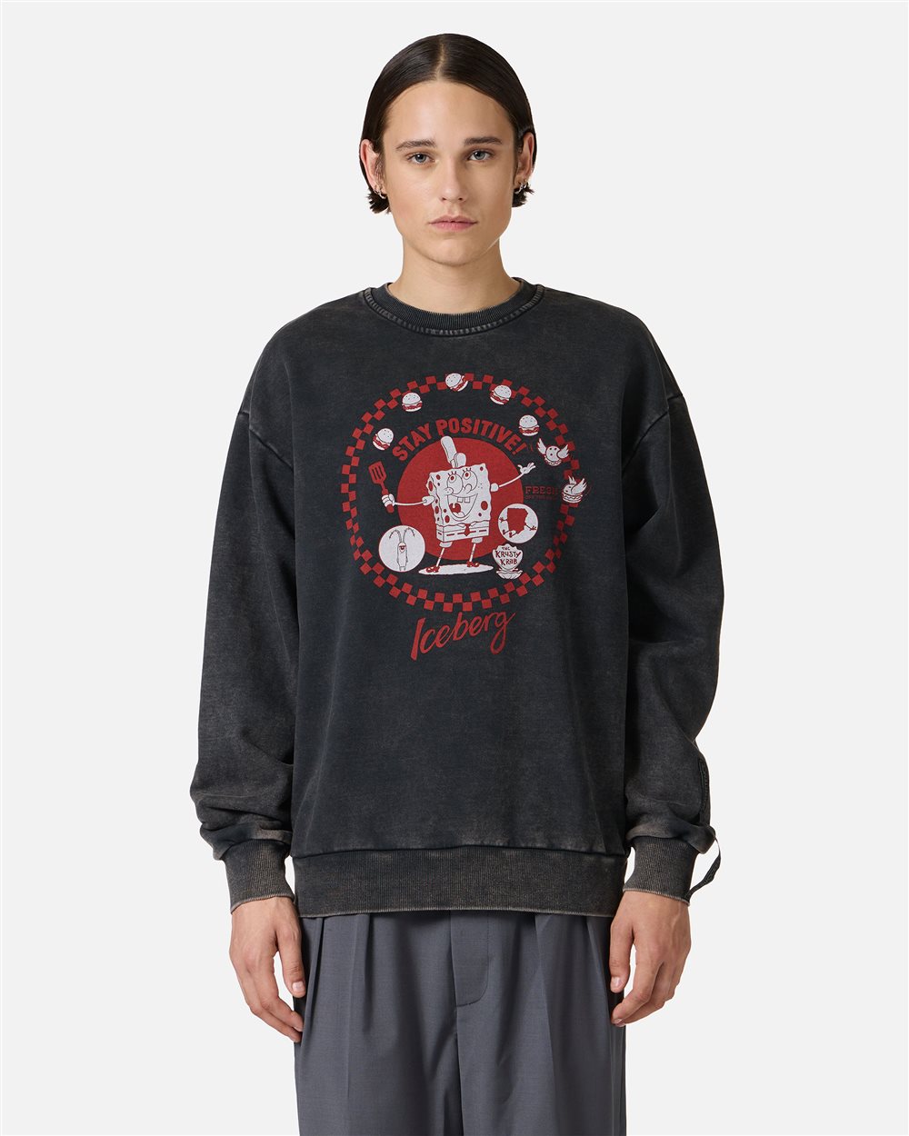 Regular fit black crewneck sweatshirt with SpongeBob print - Iceberg - Official Website