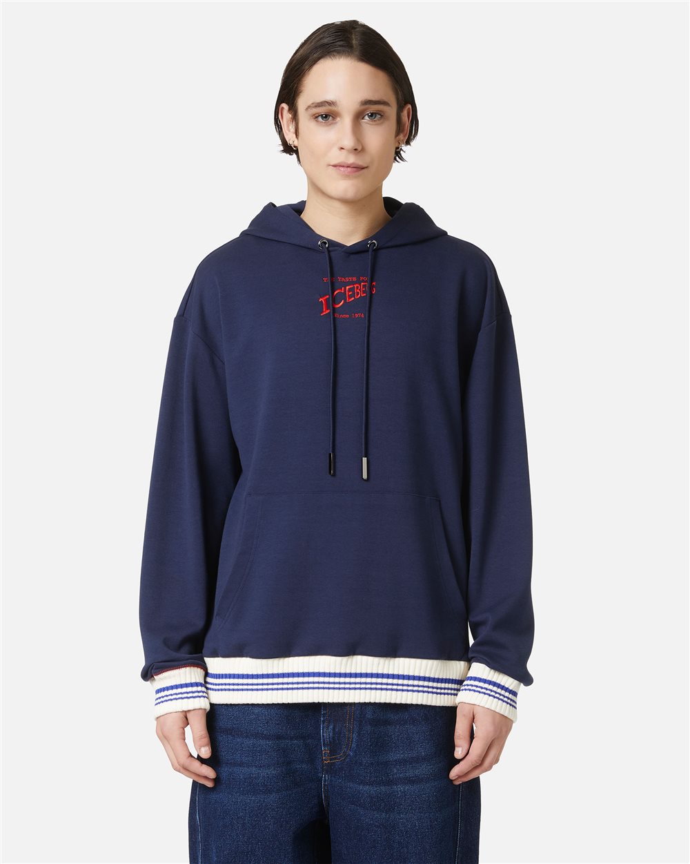 Regular fit hoodie in blue scuba with Iceberg logo embroidery and striped ribs - Iceberg - Official Website