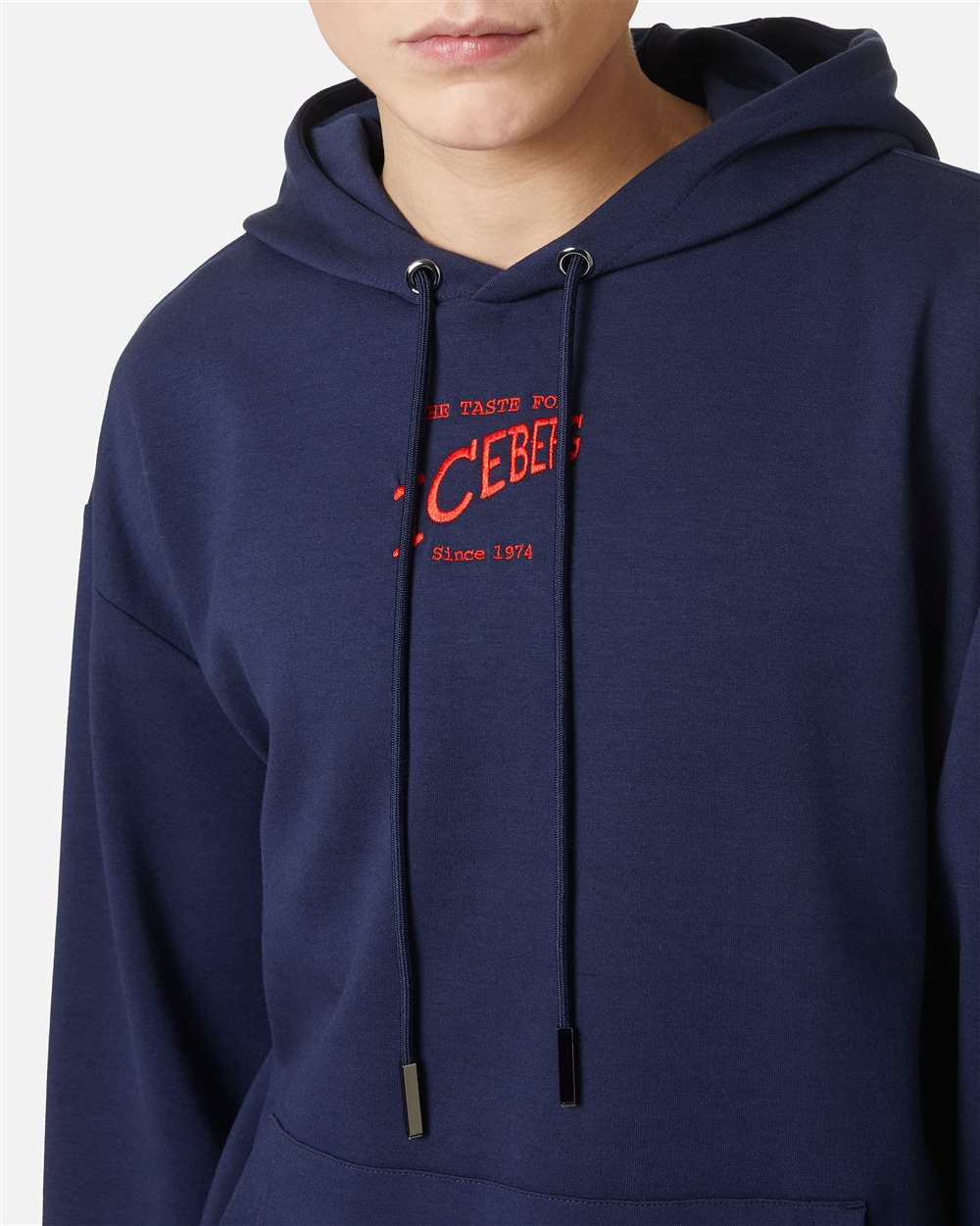 Regular fit hoodie in blue scuba with Iceberg logo embroidery and striped ribs - Iceberg - Official Website