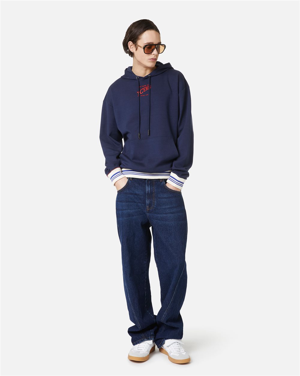 Regular fit hoodie in blue scuba with Iceberg logo embroidery and striped ribs - Iceberg - Official Website