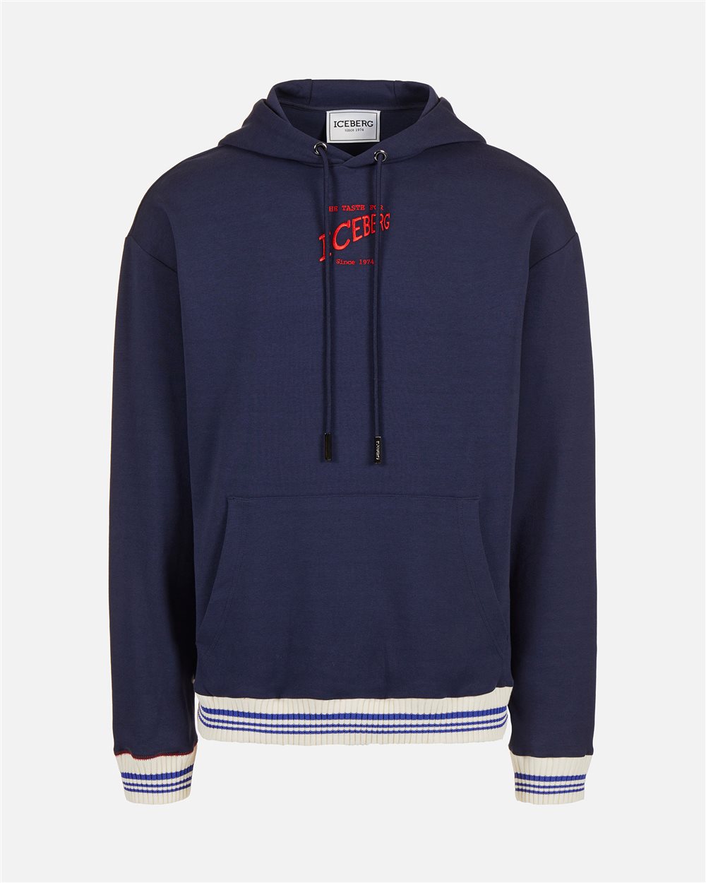 Regular fit hoodie in blue scuba with Iceberg logo embroidery and striped ribs - Iceberg - Official Website